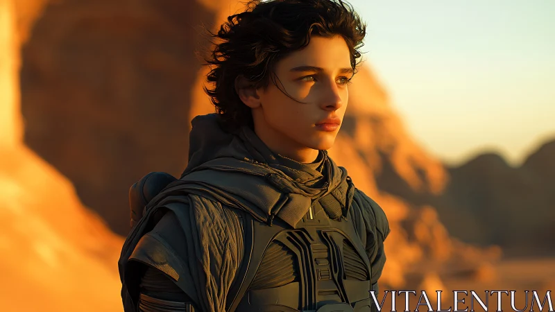 Young sci fi wanderer gazes across sunlit desert cliffs