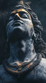 Monumental stone deity bust under dramatic low light.