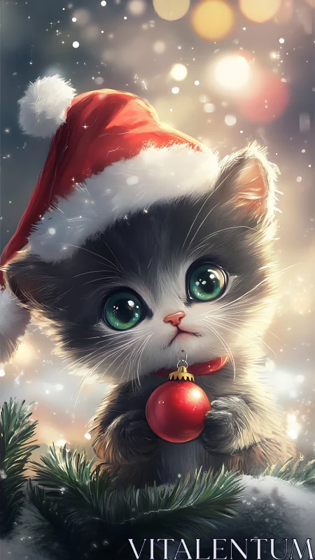 Digital kitten in Santa hat holding red ornament in snow.