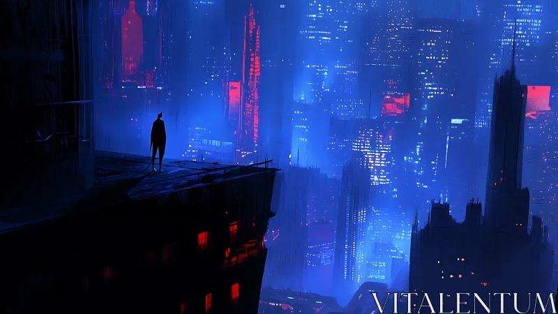 Solitary silhouette overlooking neon blue red cyberpunk megacity