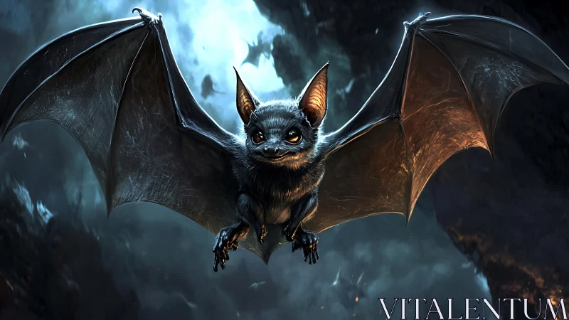 Digital painting of a luminous-eyed bat in cavernous flight.