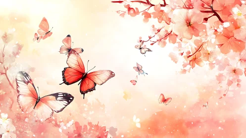 Butterflies drift through luminous peach-hued cherry blossoms