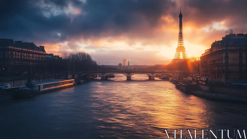 Sunset illuminates Eiffel Tower above reflective Seine waters