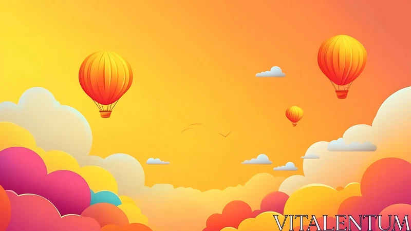 Warm gradient sky with hot air balloons above soft clouds.