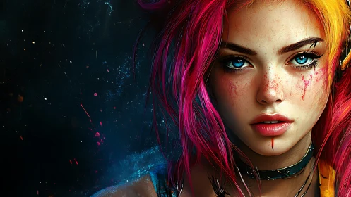 Neon haired cyberpunk heroine with freckled face and scars