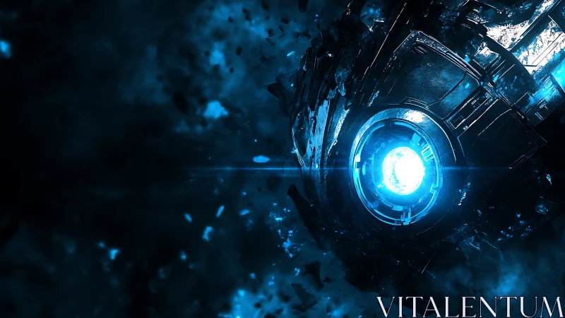 Glowing cosmic core drifting through deep blue starlight.