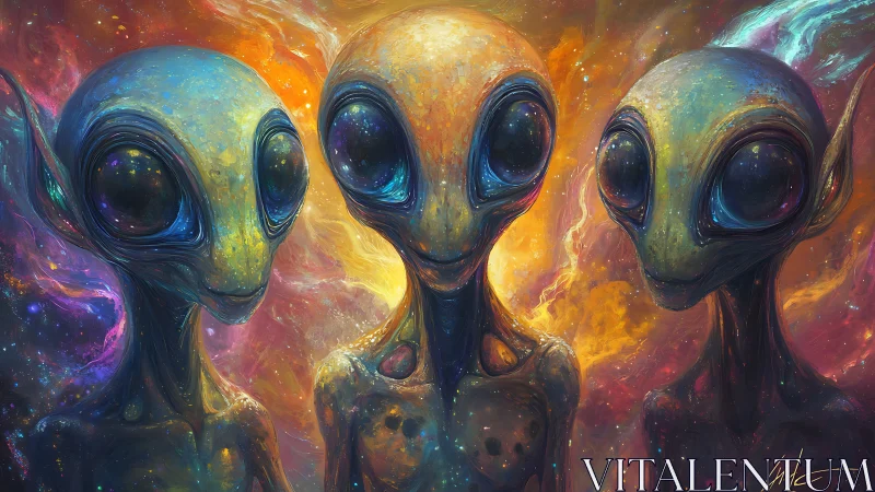 Stellar alien trio emerge within swirling cosmic nebula glow.