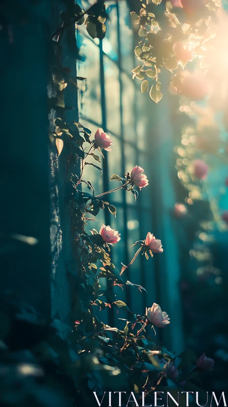 Pink flowers growing on weathered stone wall with backlighting