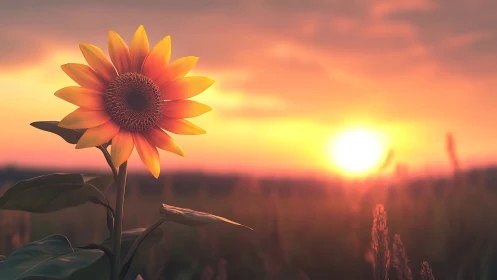 Single sunflower in shallow-focus field at warm sunset glow