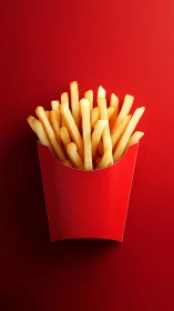 Crisp french fries in red carton on solid red background.