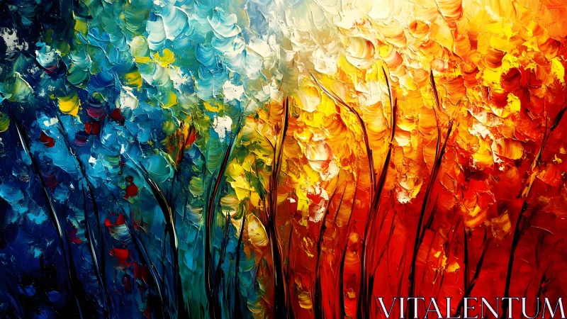 Vibrant Abstract Forest in Blue, Yellow, and Red Palette, Impasto Style.