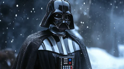 Armored black-helmeted figure stands in snowy outdoor scene