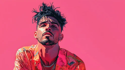 Stylized male portrait against uniform pink background.