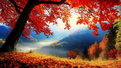 Backlit autumn canopy frames misty valley with saturated contrast