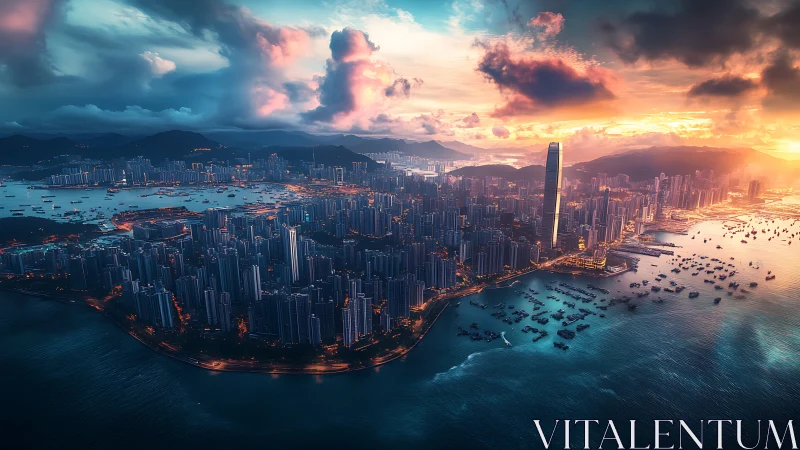 Sunlit harbor metropolis glows warmly under dramatic skies