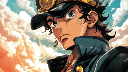 Storm-eyed anime drifter beneath blazing cotton skies.