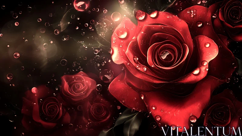 Red Roses with Water Droplets on Dark Background.