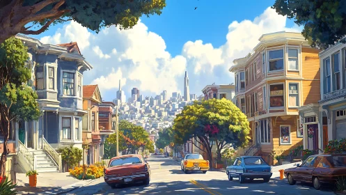 Sunny city street with vintage cars and distant skyline.