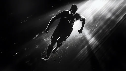 Dynamic monochrome soccer player sprinting through light beams.