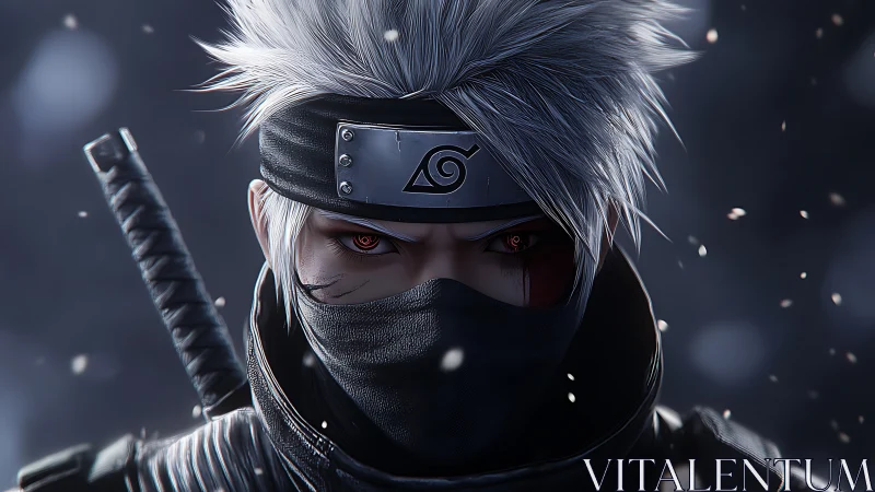 Silver-haired ninja sentinel amid swirling winter embers.