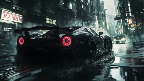 Midnight hypercar tears through neon soaked rainstorm streets.