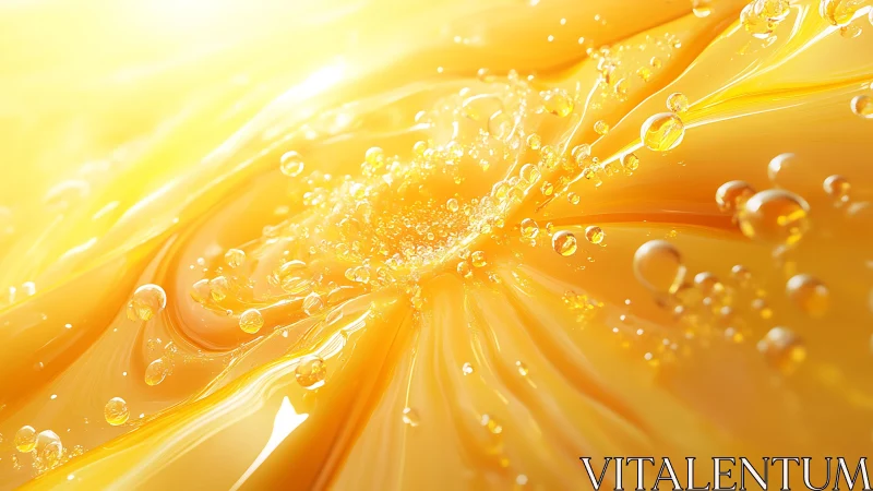 Vivid abstract golden liquid swirl with bubbles, macro style.