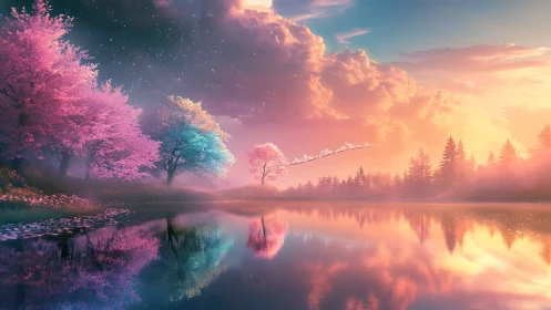 Twilight blossoms hum softly above a mirrorbright dreamlake