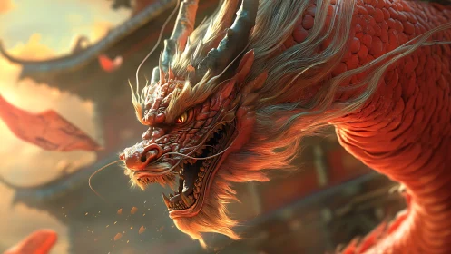 Fiery red dragon roars defiantly above a sunlit temple
