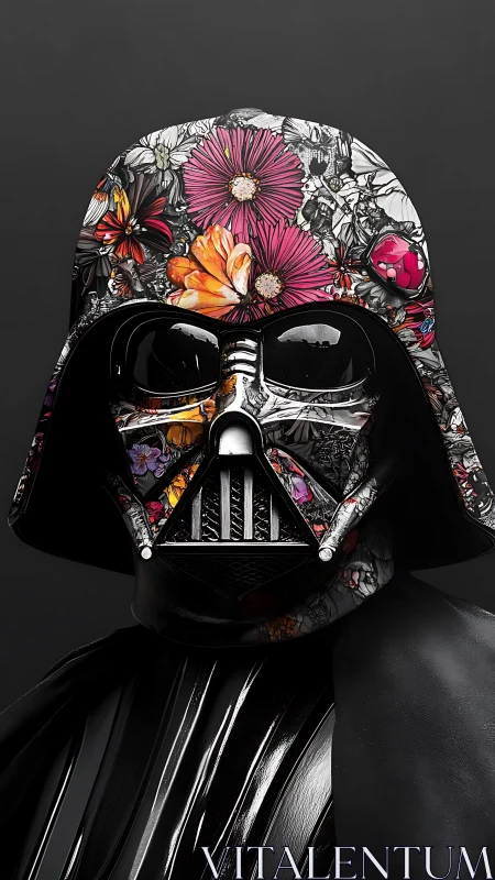 Floral dark helmet unites menacing sci‑fi armor and blooms