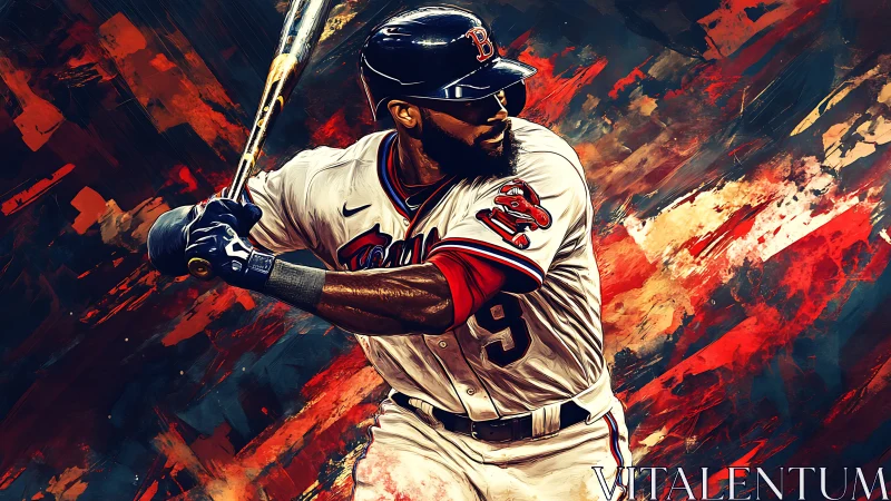 Powerful baseball slugger readies swing amid fiery energy.