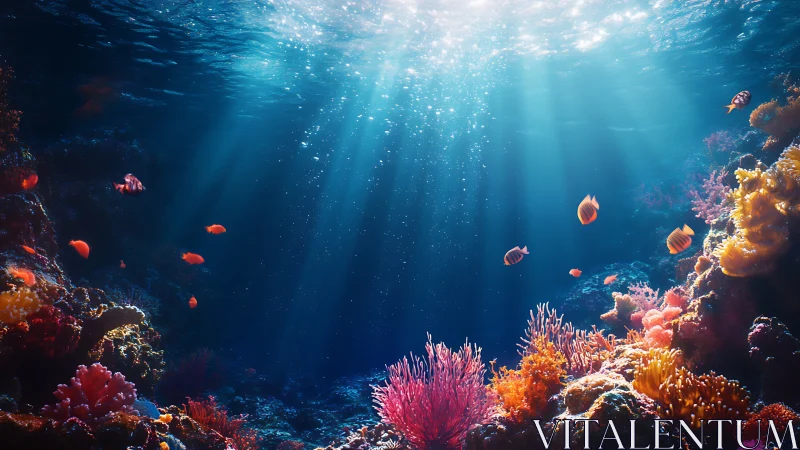 Sunlit coral reef alive with playful tropical fish below.