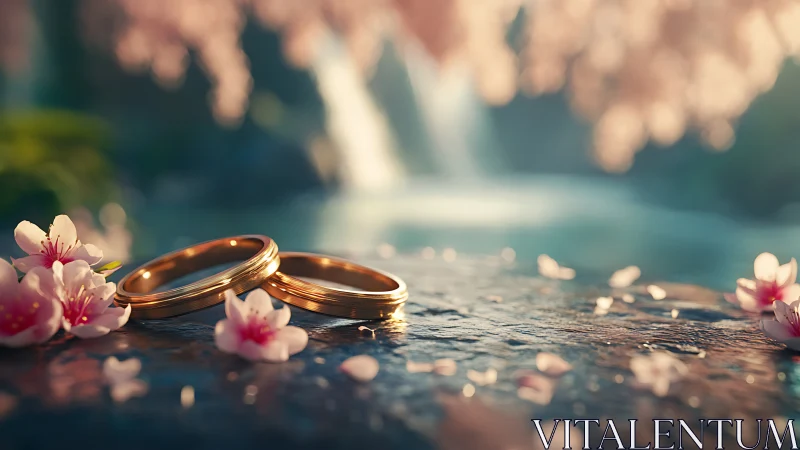 Photorealistic wedding rings on blossom-strewn stone surface.
