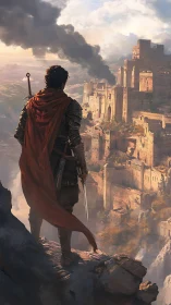 Lone warrior surveys a besieged cliffside citadel at dusk
