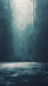 Moody teal concrete room glows with diffused overhead light.