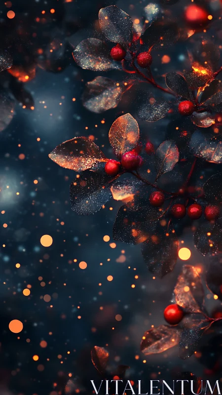 Starlit holly berries drifting through ember kissed night.