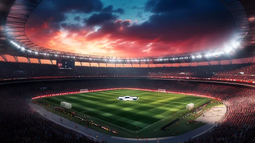 Floodlit football arena under vivid sunset sky, packed stands