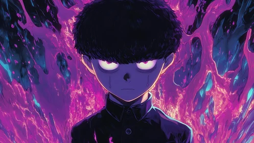 Psychic boy stands before erupting neon psychic aura