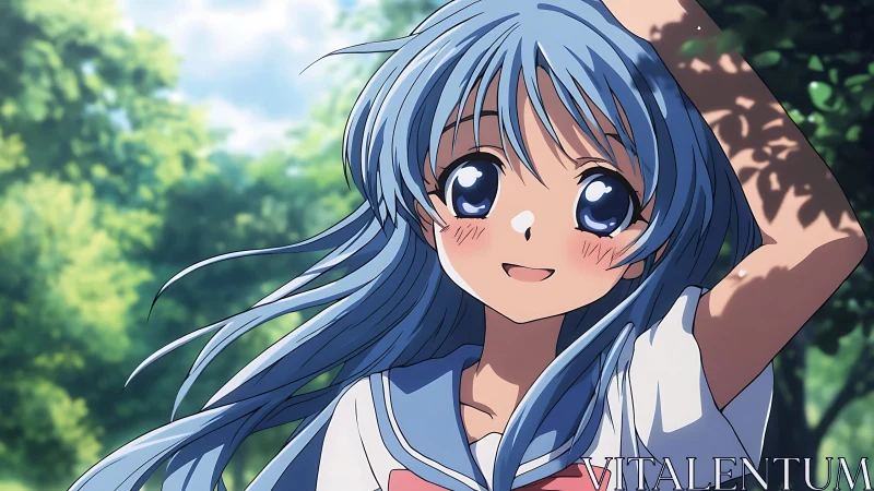 Blue-haired anime girl stands outdoors under dappled sunlight