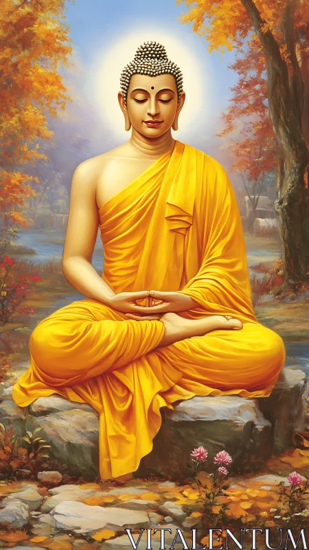 Seated figure in yellow robes amid autumn landscape painting.