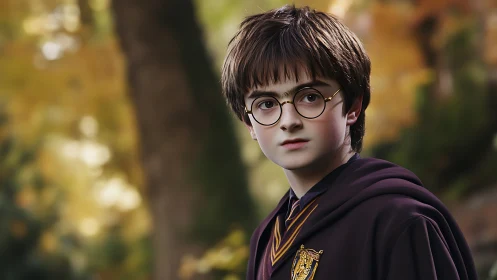 Young wizard student outdoors in autumnal forest setting