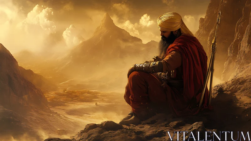 Desert sentinel monk brooding above ember-hazed valley.