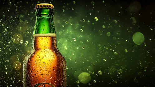 Bottle of chilled gold sings under glittering green spray