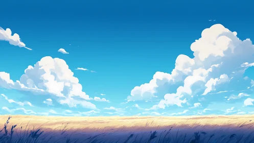 Soft summer clouds drift over a sunlit golden wheat field