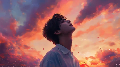 Sky-drenched dreamer tilts into a storm of painted light