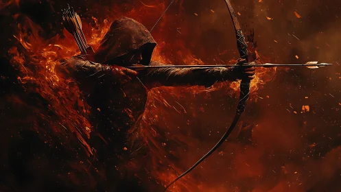 Hooded archer draws flaming arrow amid dynamic particulate fire field