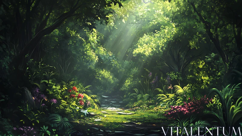 Enchanted Forest Path with Radiant Canopy Light.