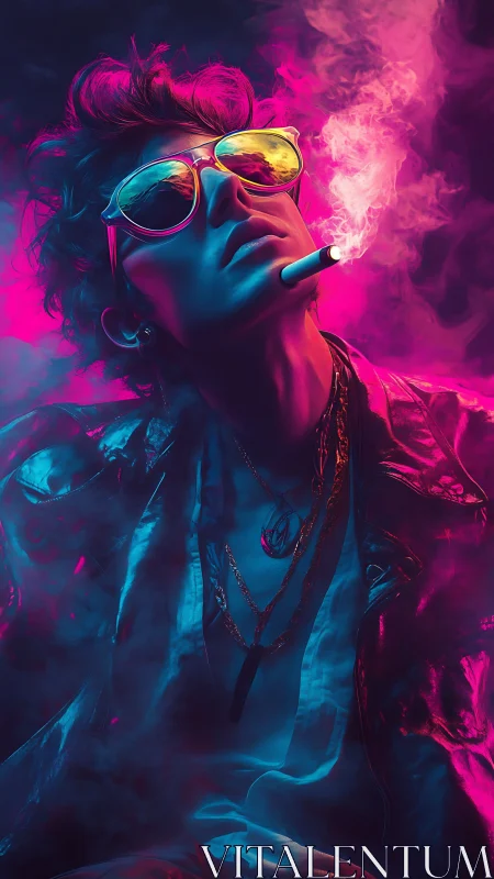 Smoky neon portrait shows cool figure in reflective glasses