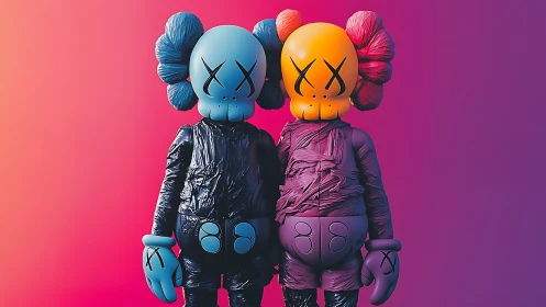 Neon twin toy guardians lean into a candy-bright horizon glow