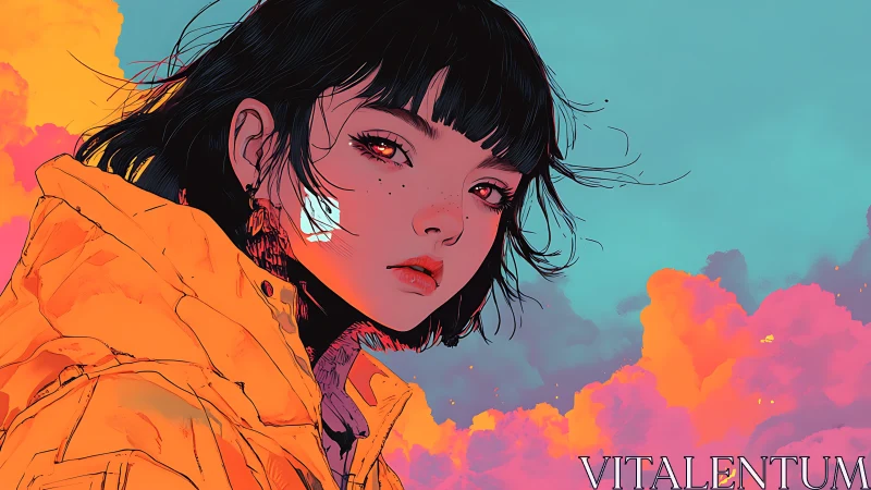 Young woman in orange coat against vivid sky backdrop.