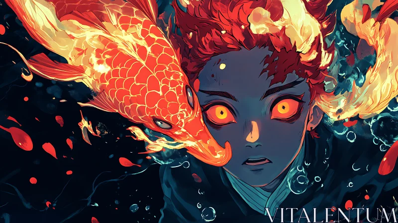 Hydrodynamic fusion of koi flame vectors and awestruck diver.